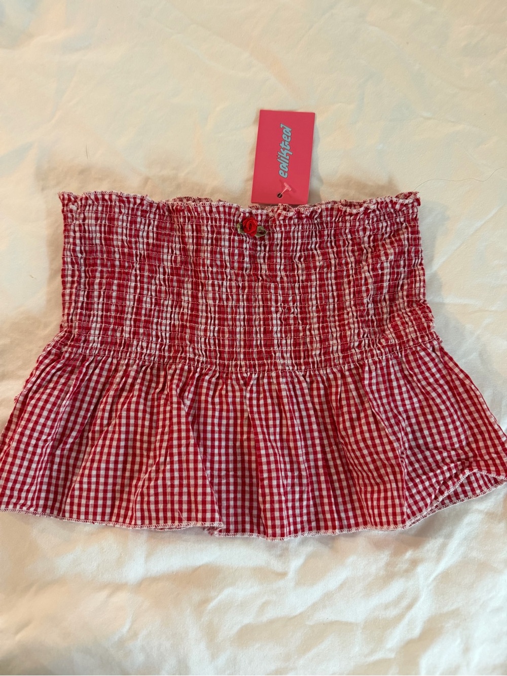 Edikted Red and White Gingham Smocked Tube Top